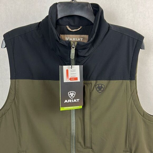 NEW Ariat Mens Pioneer Stretchshell Vest Sz Medium Dark Green Black Full Zip - Picture 2 of 13